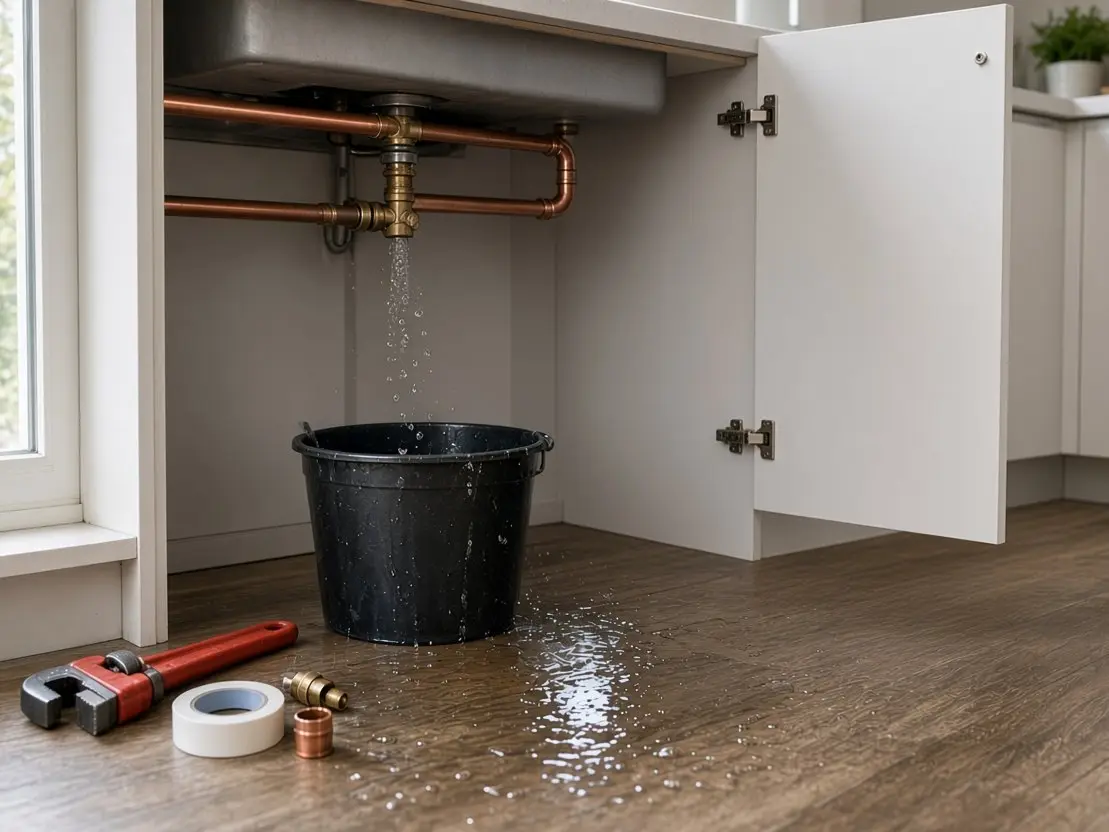 Water dripping from pipes under a kitchen sink into a bucket, with a pipe wrench and tape on the floor