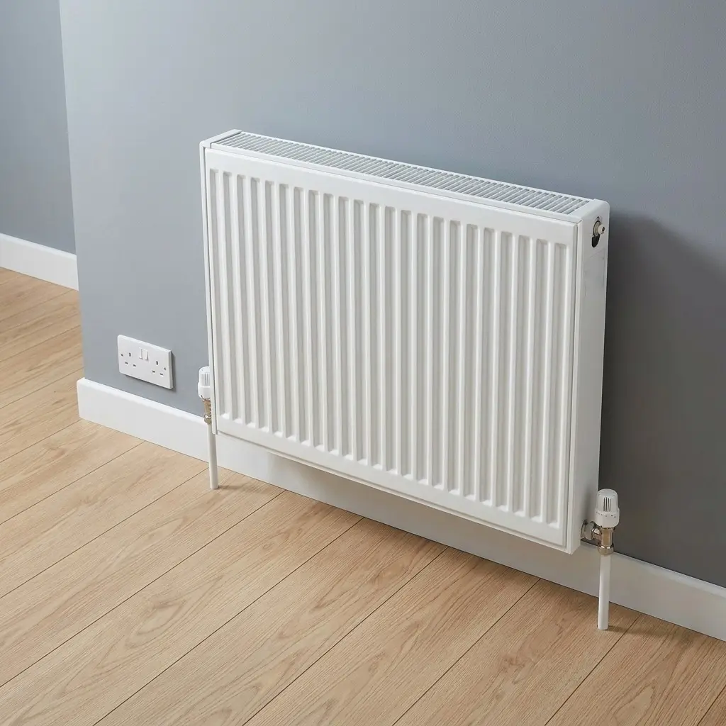 A white panel radiator on a grey wall above a wooden floor